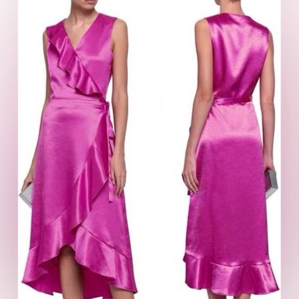 Maje Satin Sleeveless V-Neck Ruffle Trim Wrap Midi Dress Fuchsia Women's 1 / S